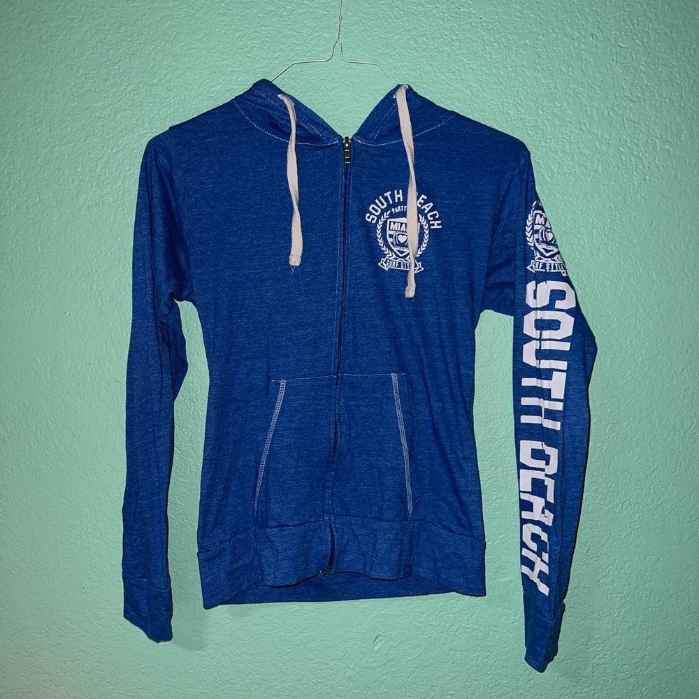 surf style Blue Zip-Up Hoodie with White Logo